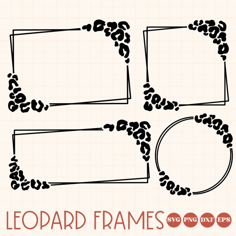 May include: Four black leopard print frames, including a square, a rectangle, a circle, and a double-lined square. The frames are perfect for adding a touch of wild style to your designs.