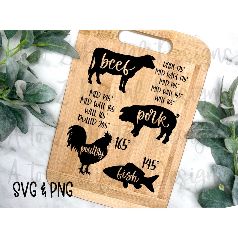 May include: A wooden cutting board with black silhouettes of a cow, pig, chicken, and fish. The silhouettes are labeled "beef", "pork", "poultry", and "fish".  Each silhouette has a corresponding temperature guide for different levels of doneness.