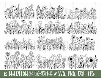 以下が含まれることがあります： 12種類の野生の花のボーダーの白黒イラスト。各ボーダーには、さまざまな花と葉が描かれています。画像の下部には「12 WILDFLOWER BORDERS SVG, PNG, DXF, EPS」というテキストがあります。