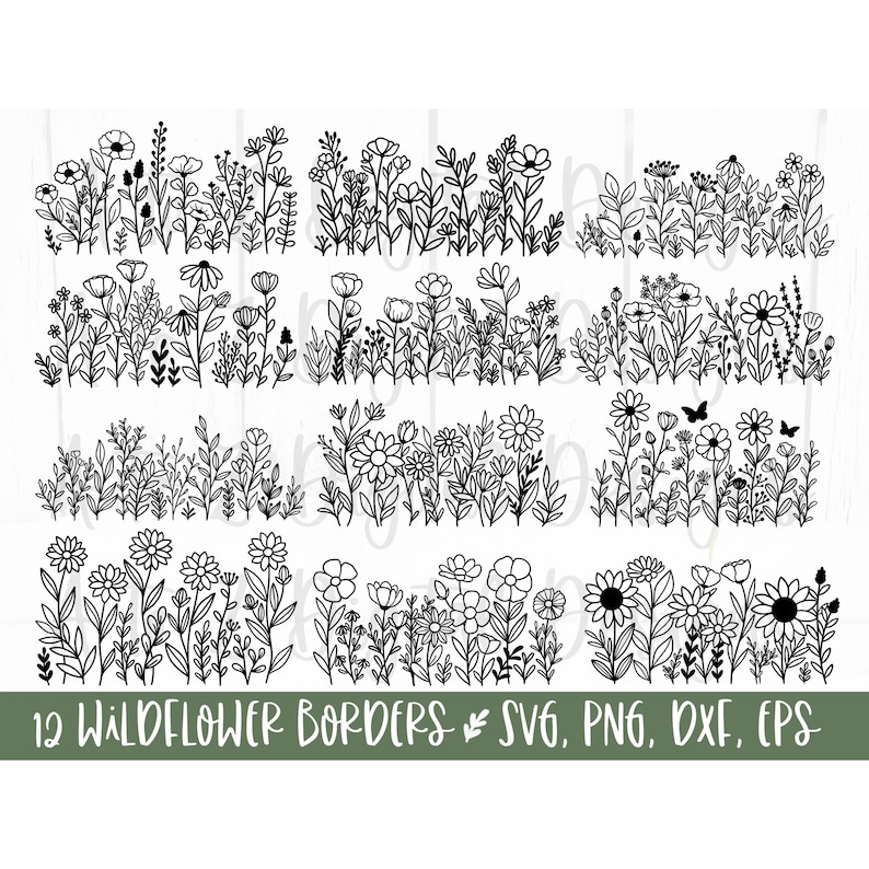 May include: Twelve black and white illustrations of wildflower borders. Each border features a variety of flowers and leaves. The text "12 WILDFLOWER BORDERS SVG, PNG, DXF, EPS" is at the bottom of the image.