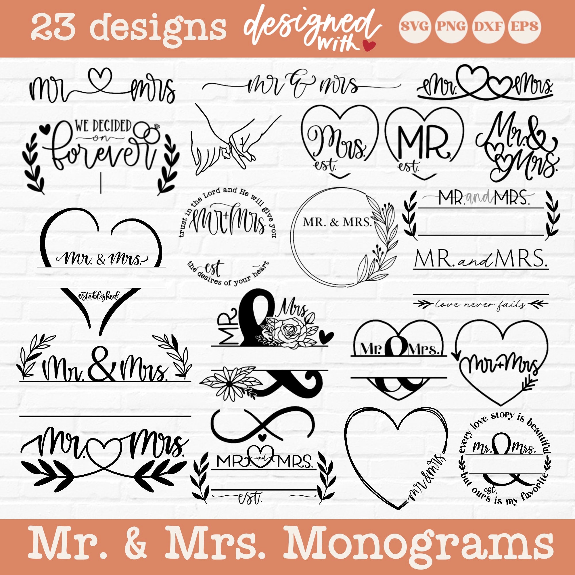 Wedding Monogram Letters M R Mr. and Mrs. Monogram Svg Bundle, Family Monogram Svg, Wedding Split ...