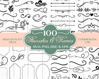 100 flourishes svg, swash svg, frame svg, swoosh svg, flourish svg, text divider svg, swirl svg, doodle svg, decorative svg flourish clipart