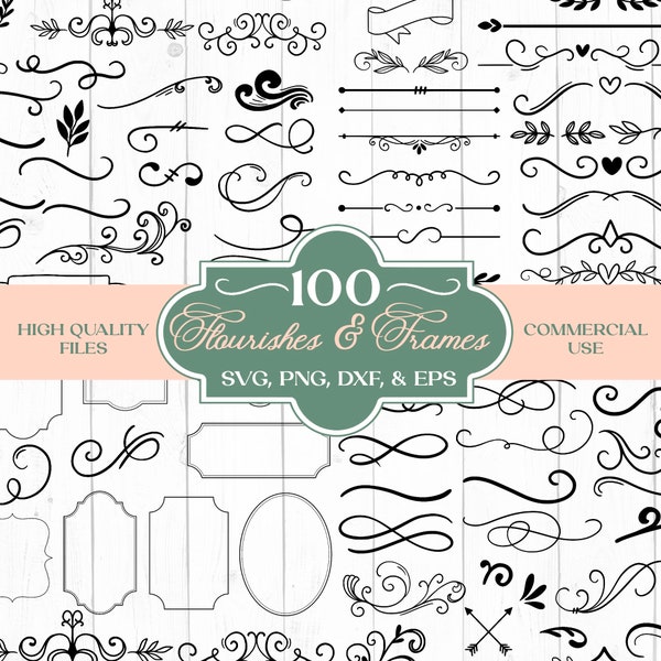 100 flourishes svg, swash svg, frame svg, swoosh svg, flourish svg, text divider svg, swirl svg, doodle svg, decorative svg flourish clipart