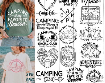 Könnte beinhalten: Ein digitales Download-Paket mit 12 Camping-motiven im SVG-Format. Die Designs zeigen verschiedene Camping-bezogene Sätze und Illustrationen, darunter "Camping is my favorite season", "Campfire Social Club", "Take a Hike" und "Explore More".