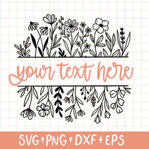 May include: Black and white line art design of a floral wreath with the text "your text here" in the centre. The design is perfect for creating custom signs, cards, and other crafts.