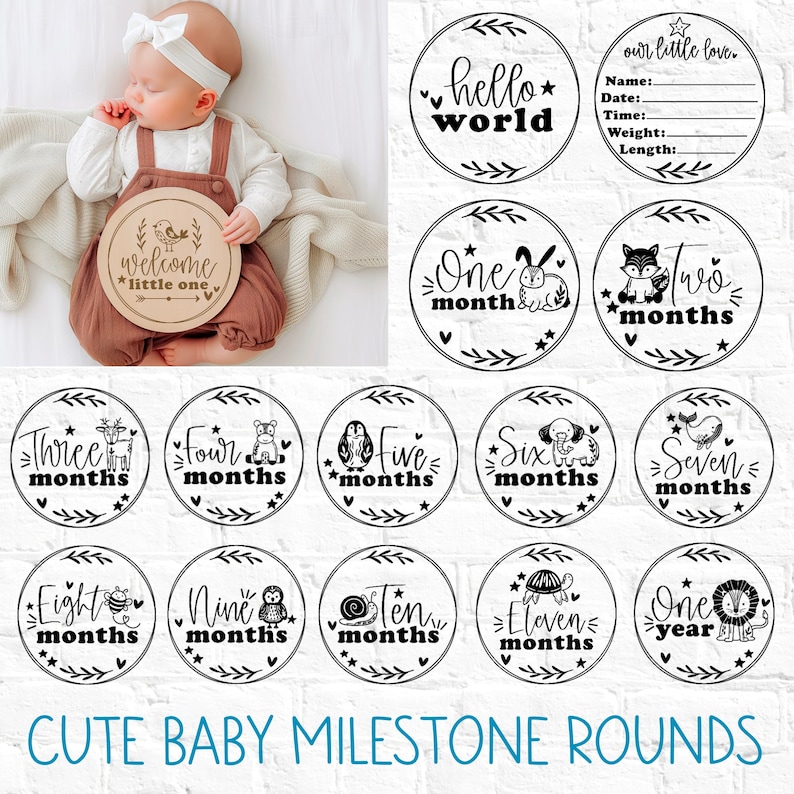 May include: A set of 12 black and white round wooden baby milestone markers with cute animal illustrations and text. The markers feature phrases like "hello world", "one month", "two months", and "one year".