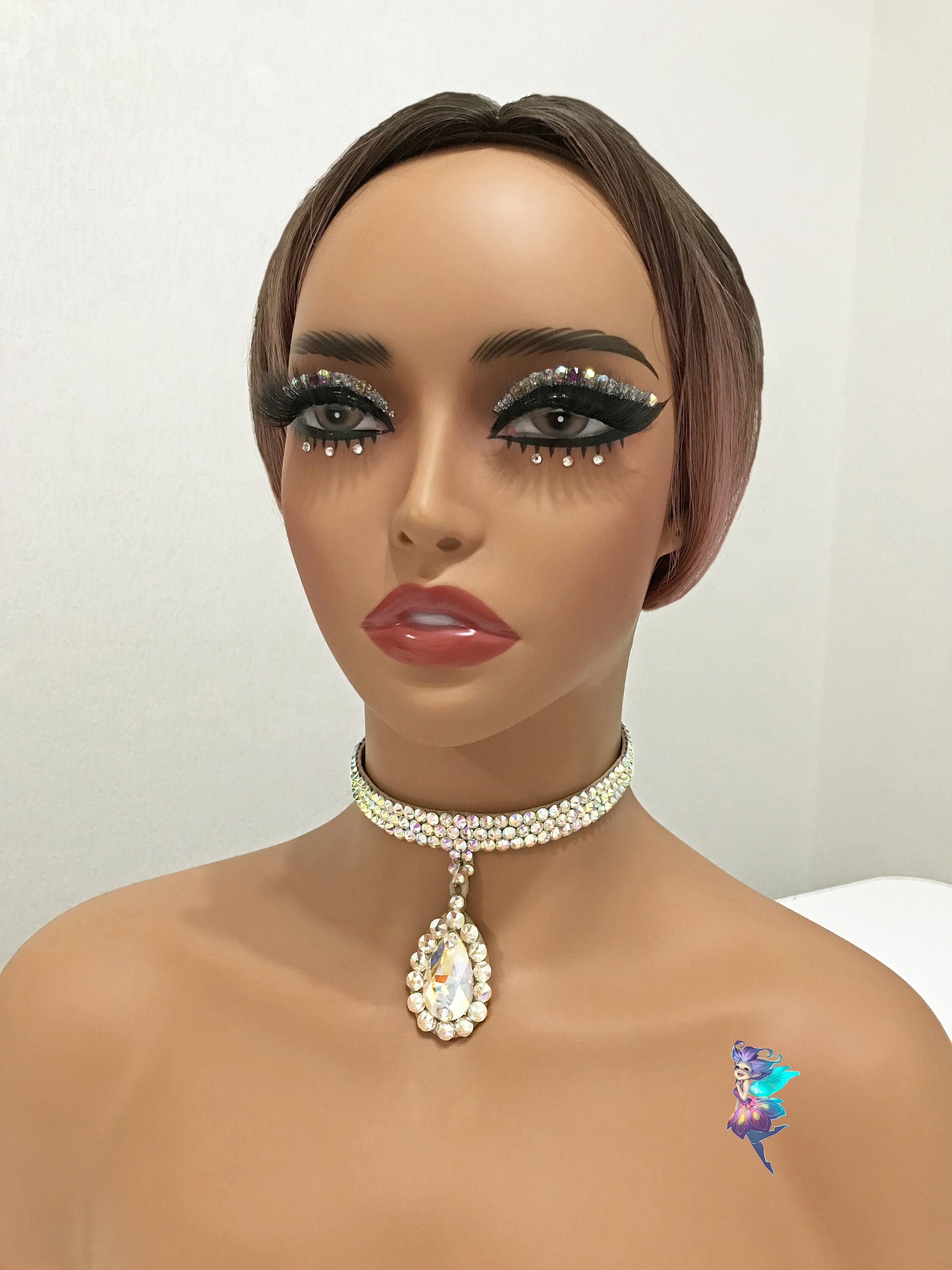 Silver Sparkly Rhinestone Choker Necklace With Heart Tassel - Long Chain Statement Collar