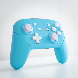 May include: A light blue Nintendo Switch controller with white buttons and a white plus sign button.