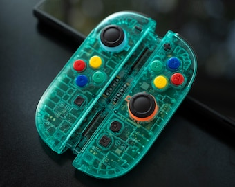Joy-Cons personalizados para Switch 2 en verde azulado transparente con botones ABXY de SNES, mandos de juego retro