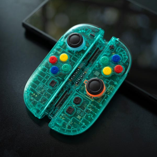 Switch 2 Custom Joy-Cons doorzichtig groenblauw met SNES ABXY-knoppen Retro gamingcontrollers