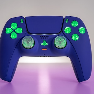 May include: A blue PlayStation 5 controller with green buttons and thumbsticks.