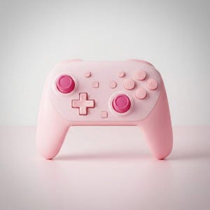 May include: A pink wireless game controller with a cross-shaped directional pad, circular buttons, and pink joysticks. The controller has a smooth, matte finish and is designed for gaming.