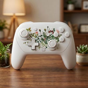 Op de afbeelding: Witte gamecontroller met bloemenpatroon. Het ontwerp bevat roze, rode en groene botanische elementen. Het heeft een kruisvormige D-pad, twee analoge sticks en knoppen met de letters X, Y, A en B. Geplaatst op een houten tafel.