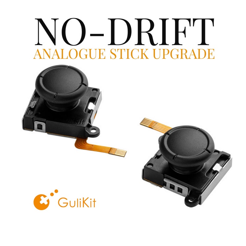 May include: Two black analog stick replacements for a Nintendo Switch controller. The sticks have a textured surface and are labeled "NO-DRIFT ANALOGUE STICK UPGRADE".