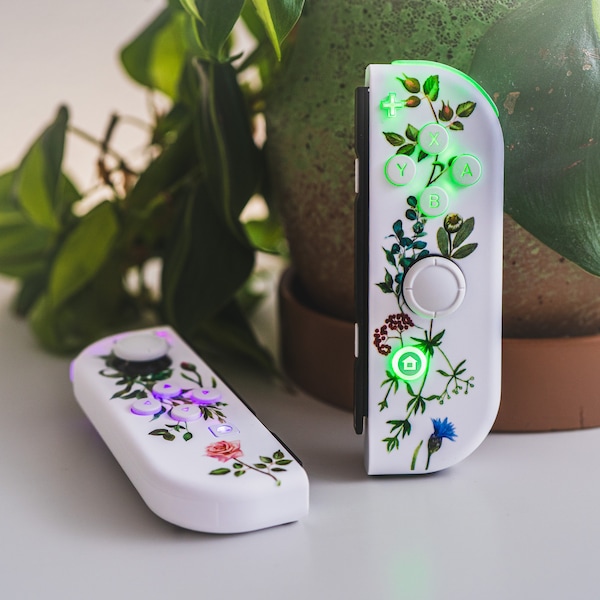 Flowers Vines & Laurels Joy-Cons Mod with White Backlit LED - Nintendo Switch Special Edition Floral Watercolor Custom Controllers