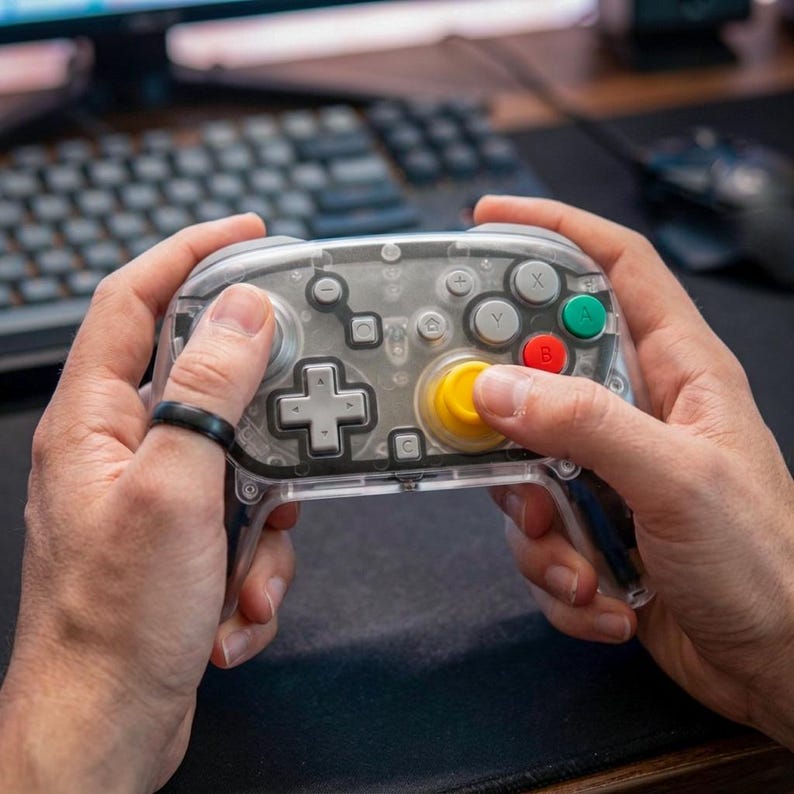 May include: A clear, transparent video game controller with gray buttons and a yellow joystick. The controller has a plus-shaped directional pad and colored buttons, including red, green, and yellow. The controller is held in two hands.