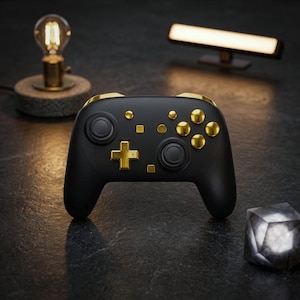 May include: A black and gold video game controller with a cross-shaped directional pad and gold buttons. The controller has a sleek design and is set against a dark background. A decorative light bulb and a small cube-shaped light are also visible.