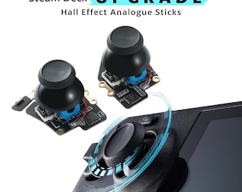 May include: Image of Steam Deck upgrade components, including Hall Effect analogue sticks. The image shows two black analogue sticks with blue and silver components, and a close-up of a Steam Deck controller.