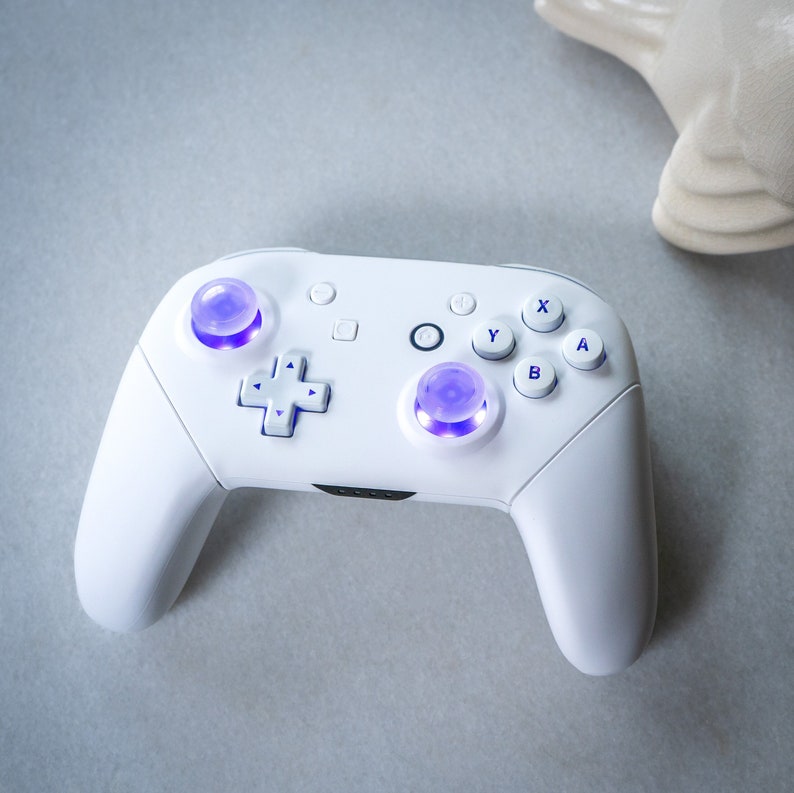 May include: A white Nintendo Switch controller with purple buttons. The controller has a D-pad, four face buttons labeled A, B, X, and Y, and two analog sticks.