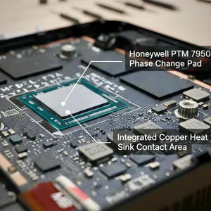 May include: Close-up of a computer circuit board with a Honeywell PTM 7950 Phase Change Pad and Integrated Copper Heat Sink Contact Area. The board is dark gray with various electronic components.