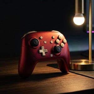 May include: A metallic red wireless game controller featuring gold-colored buttons, a gold directional pad, and two black analog sticks. The controller includes standard action buttons labeled A, B, X, and Y, along with menu and system function buttons.
