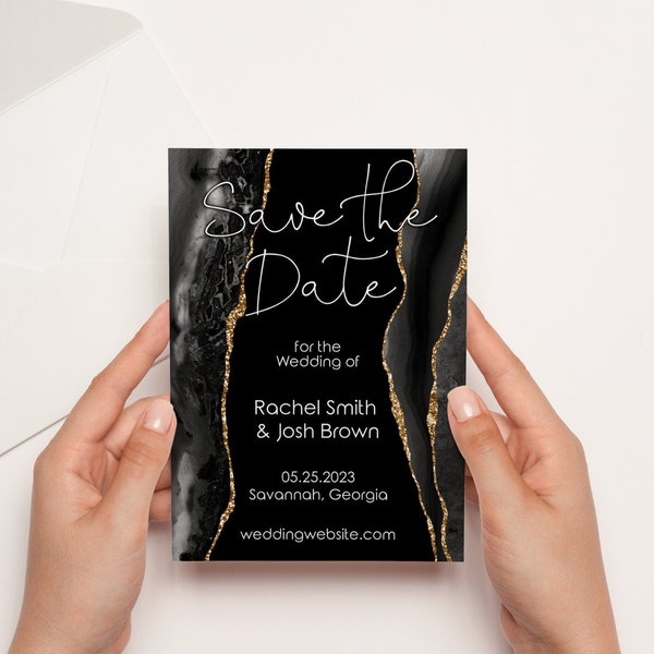 Black Gold Agate Save the Date Cards Template, Elegant Black, Gray, and Gold Unique Wedding Stationery, Editable, Instantly Customize Corjl
