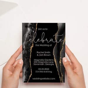 Black Agate Wedding Invitation Cards Template, Elegant Black, Gray, and Gold Unique Wedding Stationery, Editable, Instantly Customize Corjl