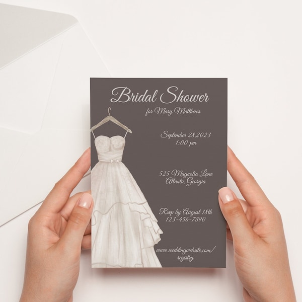 Bridal Shower Invite Dark Gray with Wedding Dress, Simple Bride Party Invitation, DIY Instantly Edit and Customize on Corjl