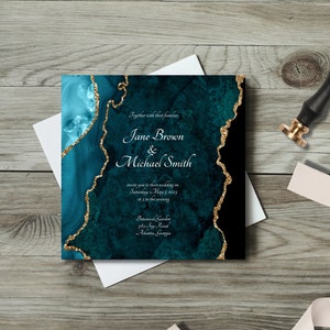 Teal Agate Wedding Invitation Cards Template, Square Teal Blue and Gold Unique Wedding Stationery, Editable, Instantly Customize on Corjl