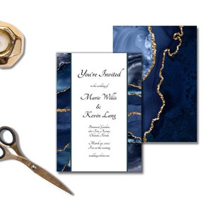 Navy Blue Agate Wedding Invitation Cards Template, Formal Blue and Gold Unique Wedding Stationery, Editable, Instantly Customize on Corjl