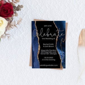 Navy Blue Agate Wedding Invitation Cards Template, Blue and Gold Unique Wedding Stationery, Editable, Instantly Customize on Corjl