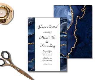 Navy Blue Agate Wedding Invitation Cards Template, Formal Blue and Gold Unique Wedding Stationery, Editable, Instantly Customize on Corjl