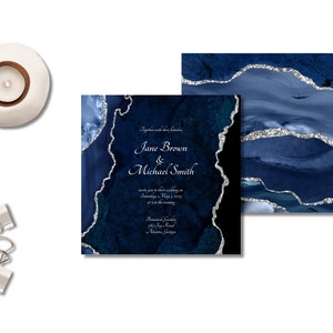 Navy Agate Wedding Invitation Cards Template, Square Dark Blue and Silver Unique Wedding Stationery, Editable, Instantly Customize on Corjl