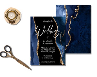 Navy Blue Agate Wedding Invitation Cards Template, Formal Blue and Gold Marble Wedding Stationery, Editable, Instantly Customize on Corjl