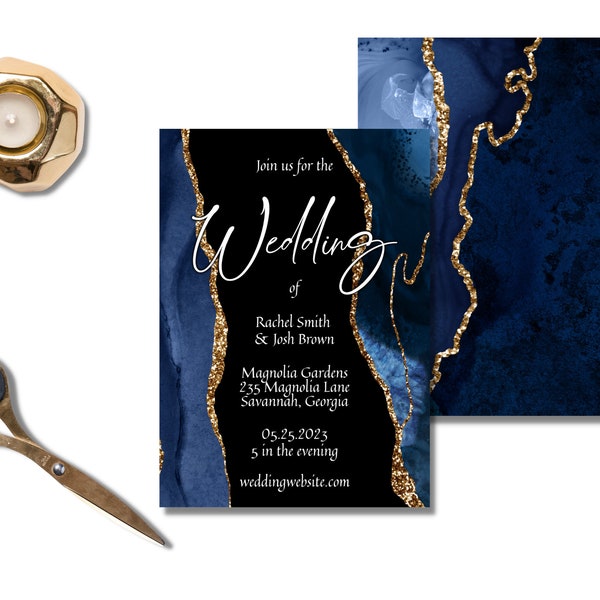 Navy Blue Agate Wedding Invitation Cards Template, Formal Blue and Gold Marble Wedding Stationery, Editable, Instantly Customize on Corjl