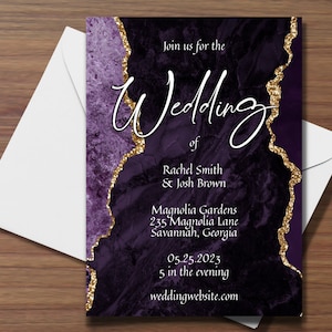 Lila Achat Hochzeitseinladungskarten Vorlage, Dunkellila und Gold Einzigartiges Hochzeitsbriefpapier, bearbeitbar, sofort anpassen auf Corjl