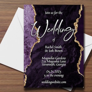 Purple Agate Wedding Invitation Cards Template, Dark Purple and Gold Unique Wedding Stationery, Editable, Instantly Customize on Corjl