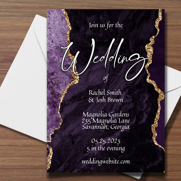 Purple Agate Wedding Invitation Cards Template, Dark Purple and Gold Unique Wedding Stationery, Editable, Instantly Customize on Corjl