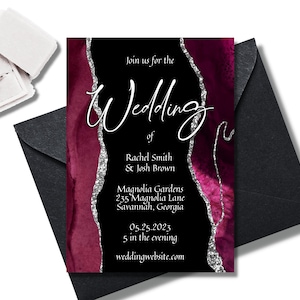 Burgundy Agate Wedding Invitation Cards Template, Formal Red Silver Unique Wedding Stationery, Editable, Instantly Customize on Corjl