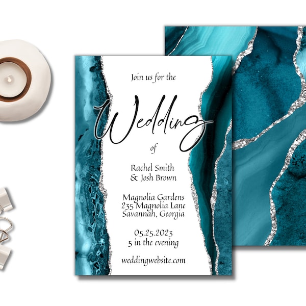 Teal Agate Wedding Invitation Cards Template, Formal Classic Teal Silver Unique Wedding Stationery, Editable, Instantly Customize on Corjl