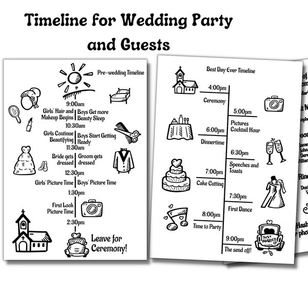 Programme de mariage infographique avec icônes, joli modèle de chronologie du jour du mariage, itinéraire de mariage modifiable, personnalisation instantanée sur Corjl