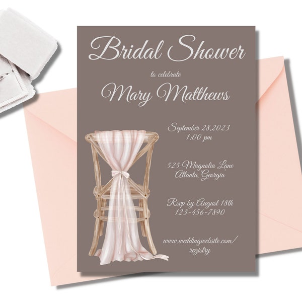 Bridal Shower Invite Dark Gray with Chair w/ Pink Chiffon Sash, Simple Bride Party Invitation, DIY Instantly Edit and Customize on Corjl