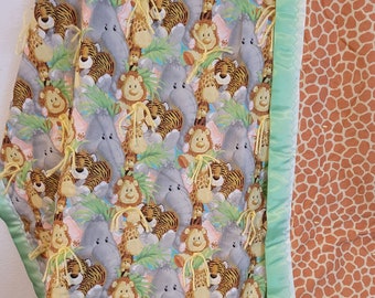 Hand-Tied Zoo Animal Print Baby Quilt: Safari Nursery Decor