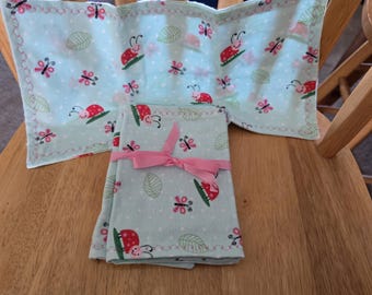 Handmade Flannel Burp Cloths: Mint Green with Ladybugs - Set of 3