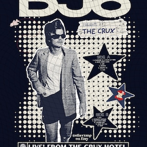 May include: Poster for "DJO Presents The Crux" live at The Crux Hotel in LA on 12/4. The design features a black and white image of a person wearing sunglasses and a blazer. The poster includes star graphics and a list of songs.