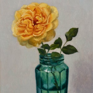 Yellow rose painting on linen panel contemporary art original artwork