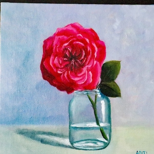 Dark pink garden rose oil painting on canvas image 2