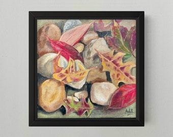 Pebbles and fall leaves oil painting on canvas