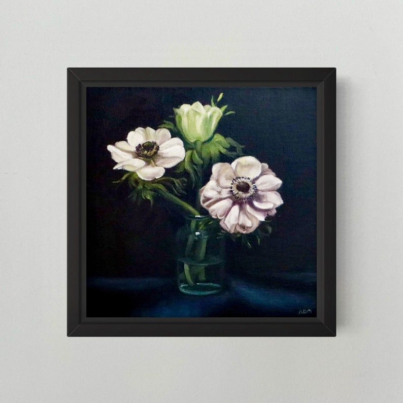 White anemone flowers oil painting on canvas image 1