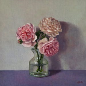 Garden rose painting on linen panel, contemporary art, original artwork